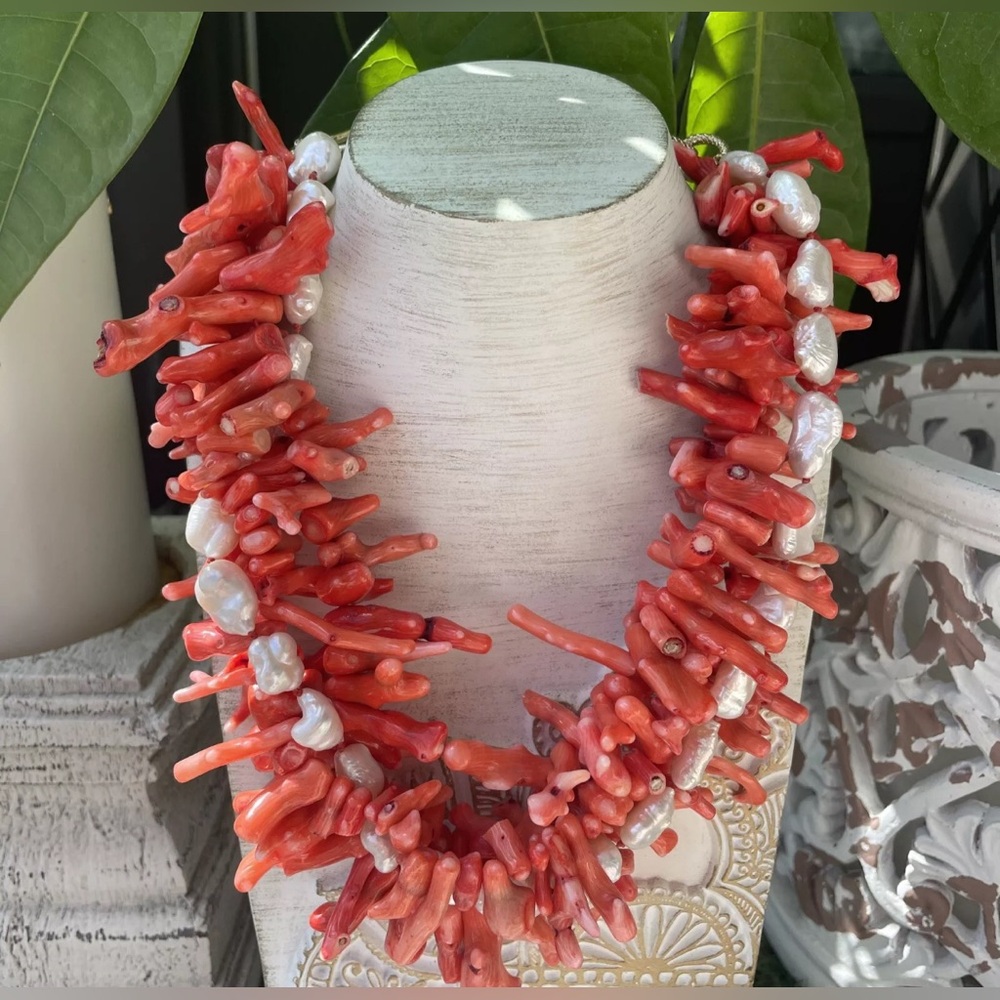 Statement Pink Coral & Freshwater Pearl Necklace Wedding Mother of Bride Gift